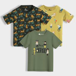 Orange Sugar 100% Cotton Knit Pack Of 3 Half Sleeves Real Heroes Text & Circus Printed Tees - Multi Colour-image-20