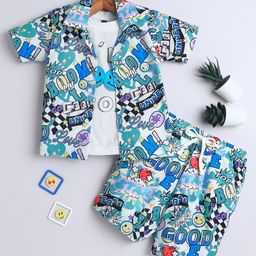 Ministitch Cotton Half Sleeves Typography Printed Shirt With Coordinating Shorts & Inner Tee Set - Blue-image-52