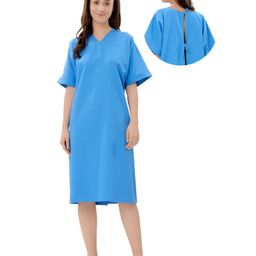 Piu Woven Half Sleeves Solid Hospital Nighty - Blue-image-1