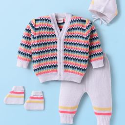 Babyhug Knit Full Sleeves Striped Front Open Sweater Set With Cap & Mittens - Multicolour-picture-4