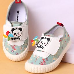 Cute Walk by Babyhug Casual Shoes with Velcro Closure Floral Print & Panda Applique - Green-picture-48