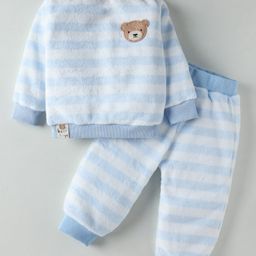 Little Kangaroos Cotton Knit Full Sleeves Winter Wear T-Shirt & Lounge Pant Set With Stripes & Bear Applique - Light Blue-picture-45