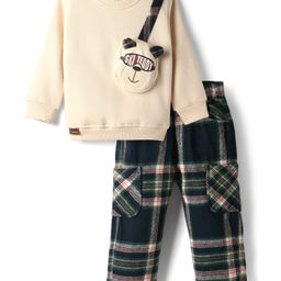Little Kangaroos Woven Full Sleeves Winter Wear Sweatshirt & Lounge Pant with Checks & Teddy Shaped Pocket - Cream-picture-10
