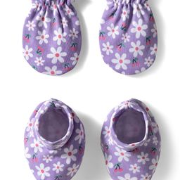 Babyhug 100% Cotton Knit Mittens & Booties with Floral Print - Lavender-picture-40