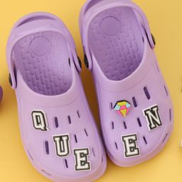 Yellow Bee Queen Letters Applique Detailed Perforated Slingback Clogs - Purple-picture-42