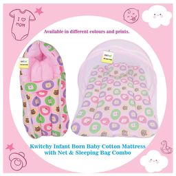 Kwitchy Baby Bedding Set New Born Mattress with Mosquito Net & Sleeping Bag Combo - Pink image 2