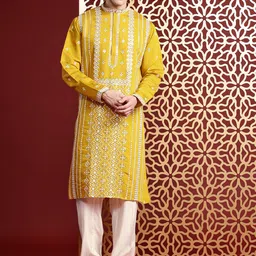 MANQ Men Geometric Embroidered Thread Work Kurta-16