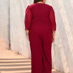 PrettyPlus by Desinoor.com Plus Size Wine Jumpsuit with Flared Slit Sleeves image 2
