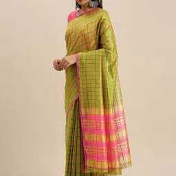 Blissta Green Cotton Silk Chequered Saree With Unstitched Blouse-image-63
