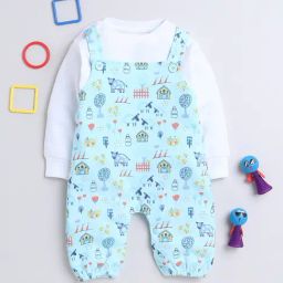 Bumzee Kids Sky Blue & White Printed Full Sleeves T-Shirt with Dungaree-image-22