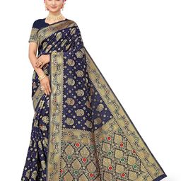 Maroosh Floral Zari Silk Blend Banarasi Saree and Blouse Piece-image-56