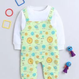 Bumzee Kids Green & White Printed Full Sleeves T-Shirt with Dungaree-image-27