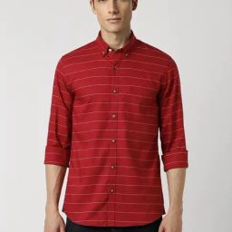 Peter England Red Cotton Slim Fit Striped Shirt-image-79