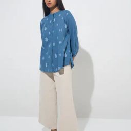 Utsa by Westside Blue Leaf Embroidered Cotton Tunic-image-18