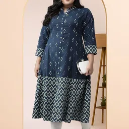 KALINI Women Blue Geometric Printed Mandarin Collar Cotton Anarkali Kurta-picture-1