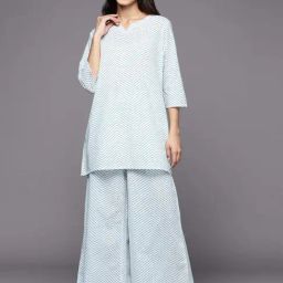Libas White & Blue Cotton Printed Kurti & Pyjama Set-image-44