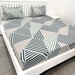 ohello Beige & Black Geometric 220 TC King Bedsheet with 2 Pillow Covers-27