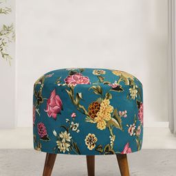 GLOBALLY INDIAN Teal-Blue & Yellow Printed  Wooden Round Puff Ottoman-16