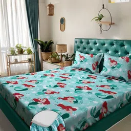 KLOTTHE Turquoise Blue Printed 400 TC Pure Cotton Fitted Double King Bedsheet Set-image-46