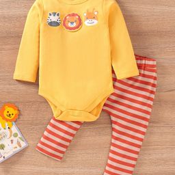 Babyoye 100% Cotton Full Sleeves Animal Printed Onesies With Striped Leggings - Multicolour-image-98