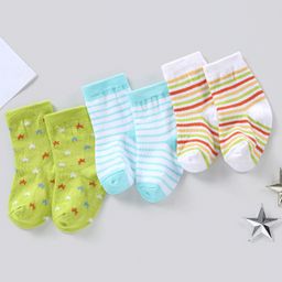 Cute Walk by Babyhug Anti Bacterial Ankle Length Non Terry Striped Socks Pack of 3 Star Design - Green Blue-image-82