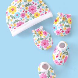 Babyhug 100% Cotton Knit Cap Mittens & Booties Set with Floral Print - Multicolour-image-83