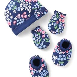 Babyhug 100% Cotton Knit Cap Mittens & Booties Set Floral Print - Navy Blue-image-29