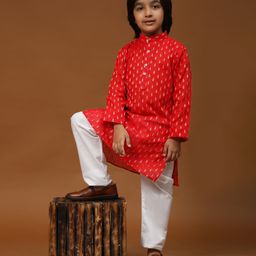 P-MARK Full Sleeves Ethnic Motif Foil Designed Kurta Pyjama Set - Red-image-64