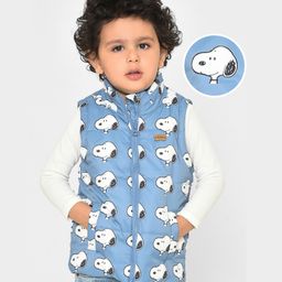 Mi Arcus Sleeveless Peanuts Featuring All Over Snoopy Printed Quilted Jacket - Blue-image-30