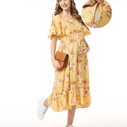 Bella Mama Flutter Sleeves Floral Printed Maternity Dress with Pocket - Yellow-image-74