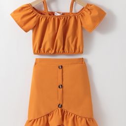 Kookie Kids Cold Shoulder Sleeves Solid Colour Top with Skirt - Brown-image-85