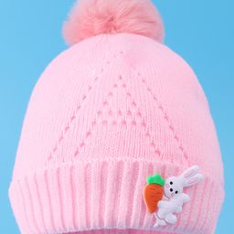 Babyhug Woolen Cap With Pom Pom & Animal Applique - Light Pink-image-31