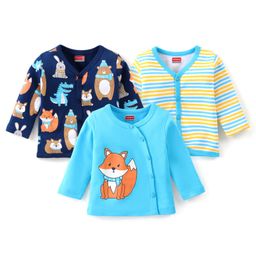 Babyhug 100% Cotton Full Sleeves Front Open Vest Striped & Animal Print Pack of 3 - Multicolour-image-99