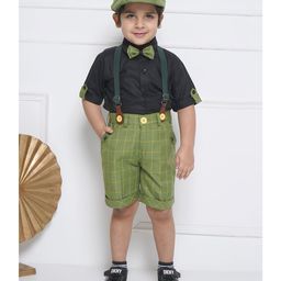 AJ Dezines Cotton Half Sleeves Solid  Shirt With Checked Shorts Bow Cap &  Suspender Set -    Green-image-70