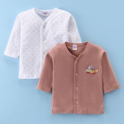 Ben Benny 100% Cotton Knit Full Sleeves Front Open Jablas with Heart & Bear Print Pack of 2 - Brown & White-image-44