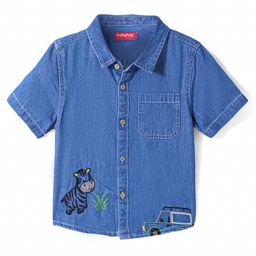 Babyhug Cotton Woven Half Sleeves Denim Shirt with Zebra Embroidery - Blue-image-28