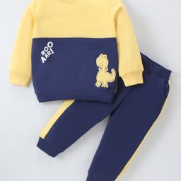 Kookie Kids Terry Knit Full Sleeves Winter Wear Suit With Dino Applique - Yellow & Navy-image-12