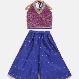 Twisha Halter Neck Lace Embellished Top With Foil Printed Palazzo Set - Magenta & Blue-picture-1
