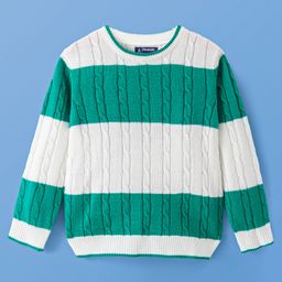 Pine Kids Knit Full Sleeves Striped Pullover with Cable Knit Design -White & Green-image-39
