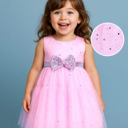 Babyhug Woven Sleeveless Foil Printed Fit & FlaredParty Frock with Bow Applique - Pink-image-80