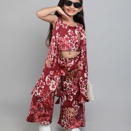 Taffykds Satin Sleeveless Floral Printed Coordinating Crop Top & Palazzo Set With Ethnic Jacket - Maroon-image-65