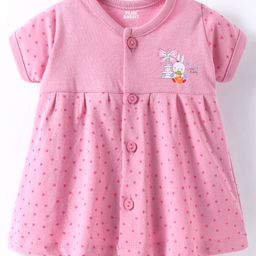 Pink Rabbit Single Jersey Knit Half Sleeves Front Open Frock with Animal & Heart Print - Pink-image-12