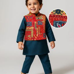 Babyhug Woven Full Sleeves Ethnic Motif Printed Kurta Pajama Set with Jacket & Sequin Detailing - Navy Blue-image-28