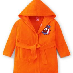 Babyhug Velour Knit Full Sleeves Bath Robe With Bear Embroidery - Orange-image-67