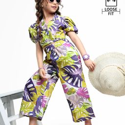 Ollington St. Cotton Woven Co-Ord Set of Half Sleeve Top & Palazzo Pant with Tropical Print - Pink Green & Purple-image-60