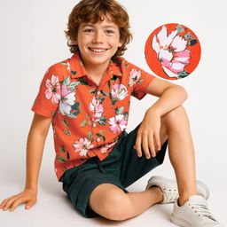 OLLINGTON St. Cotton Floral Printed Half Sleeves Shirt & Knit Shorts - Orange & Dark Green-picture-15