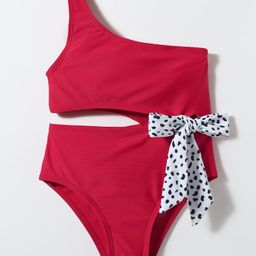 KIDLINGSS One Shoulder Knot Detailed V Cut Swimsuit - Red-image-77