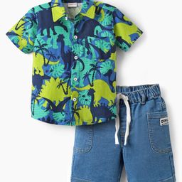 Babyhug Single Jersey Knit Half Sleeves Shirt & Shorts Set with Dino Print - Green & Navy Blue-image-131