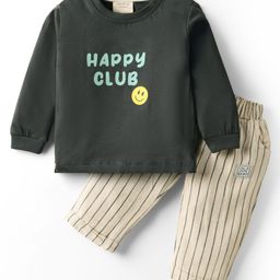 Ollypop Sinker Knit Full Sleeves Text Printed T-Shirt & Striped Pant Set - Dark Green-image-69