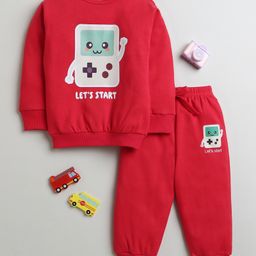 BUMZEE Cotton Knit Full Sleeves Handheld Printed Sweatshirt & Jogger Set - Red-image-84